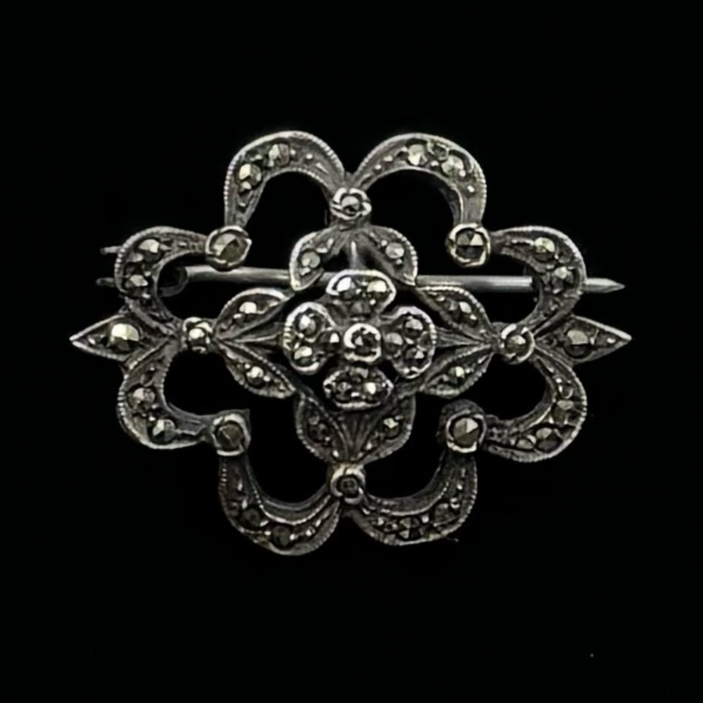 VINTAGE Sterling Silver Marcasite Flower Brooch